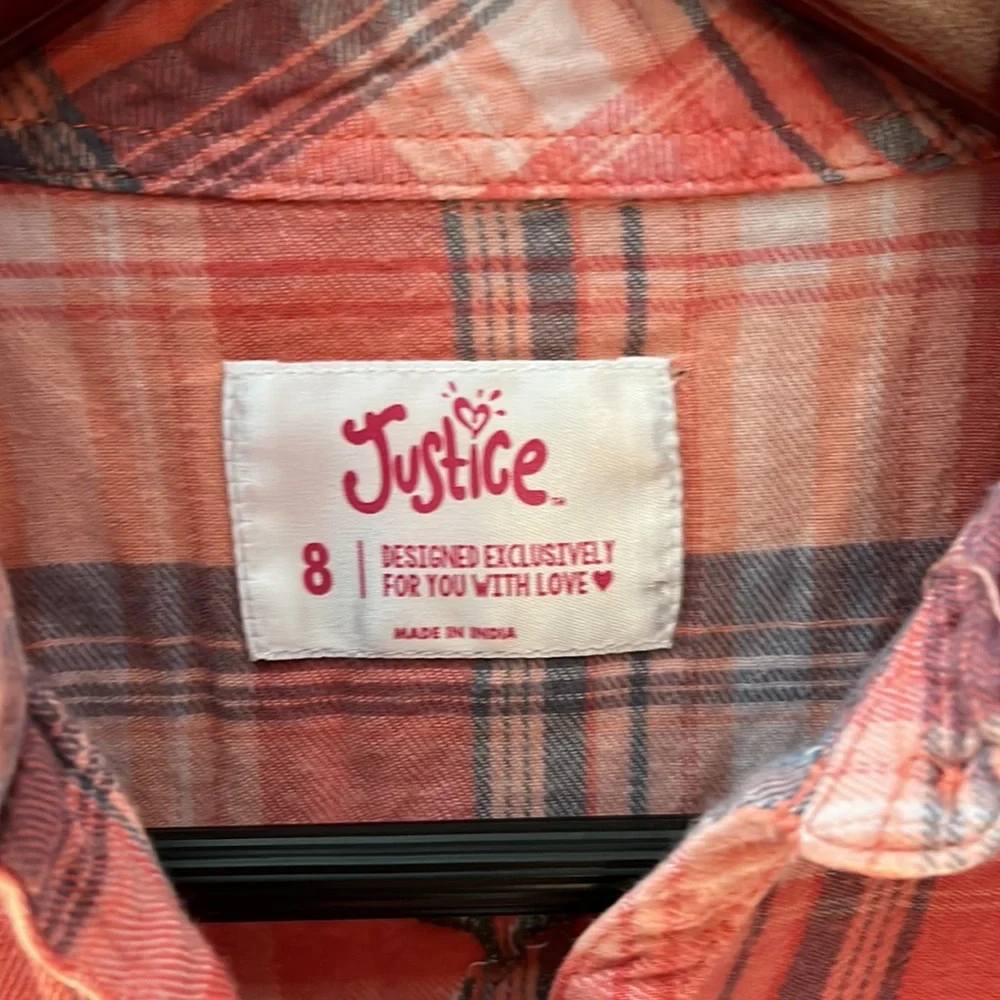 Justice Long Sleeve Button Down Plaid Flannel Shirt Embroidered Back Hearts